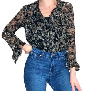 Retro Chico’s Black Paisley Print Velvet & Silk Long Sleeve Ruffle Blouse